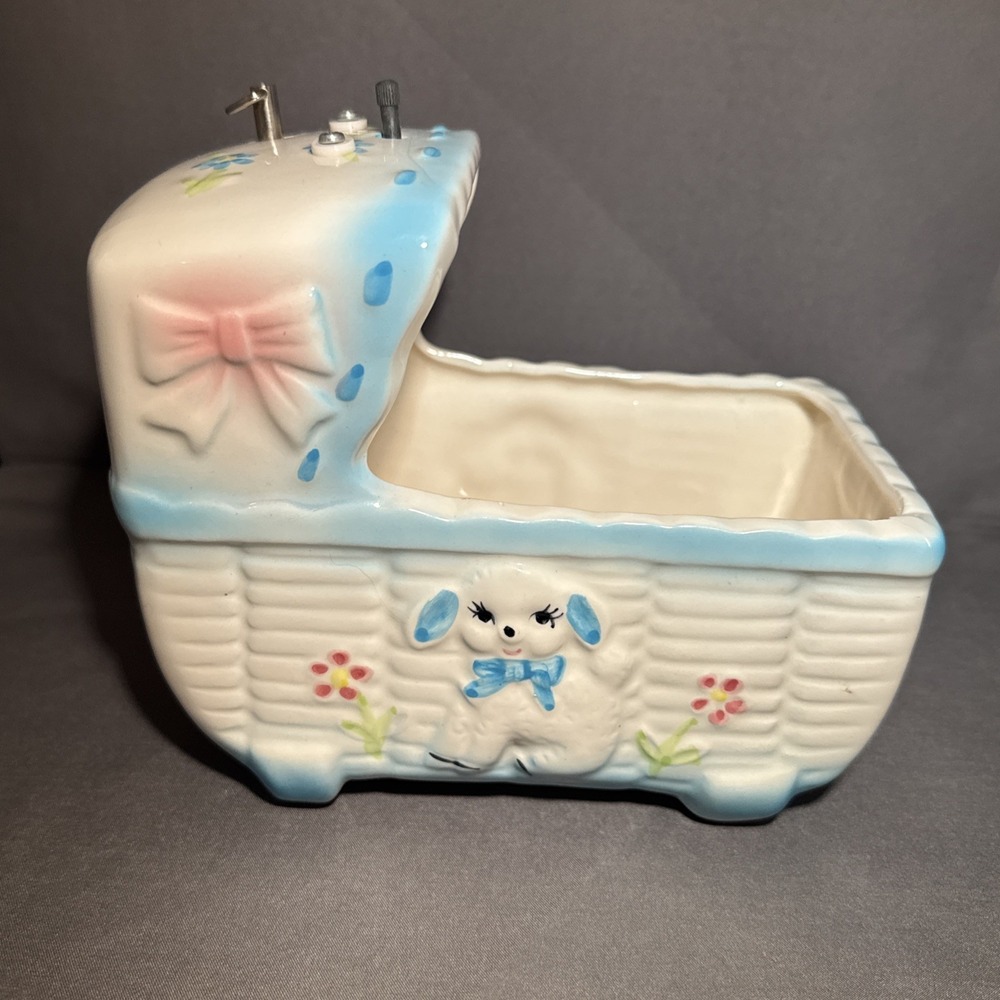 Vintage 80s Ceramic Baby Nursery Bassinet Lamb Planter Music Box Hand Painted
